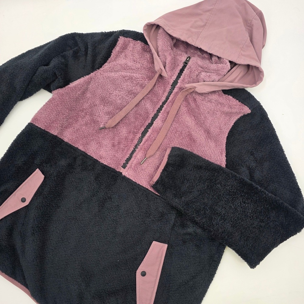MARMOT SHERPA HOODIE 1/2 ZIP WOMENS LARGE BLACK PINK COLORBLOCK PULLOVER POCKETS